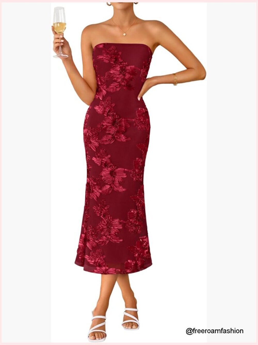 Strapless Floral Midi Dress Bodycon Mesh Formal Cocktail Party